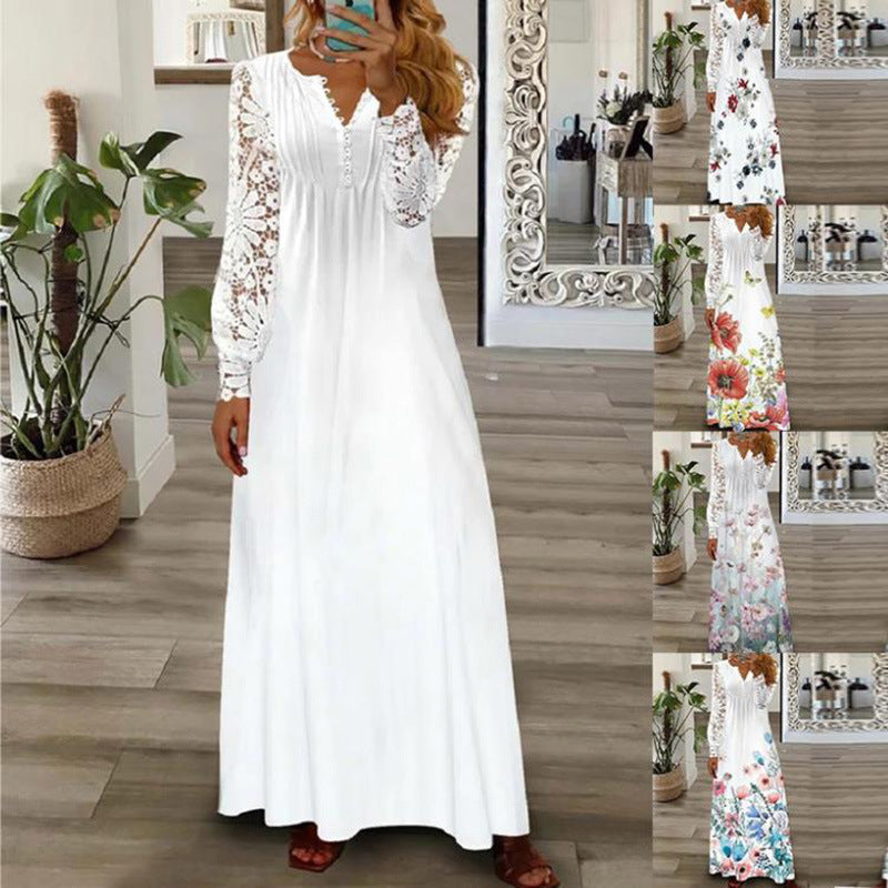 Rochie din bumbac imprimat cu bordură din dantelă
