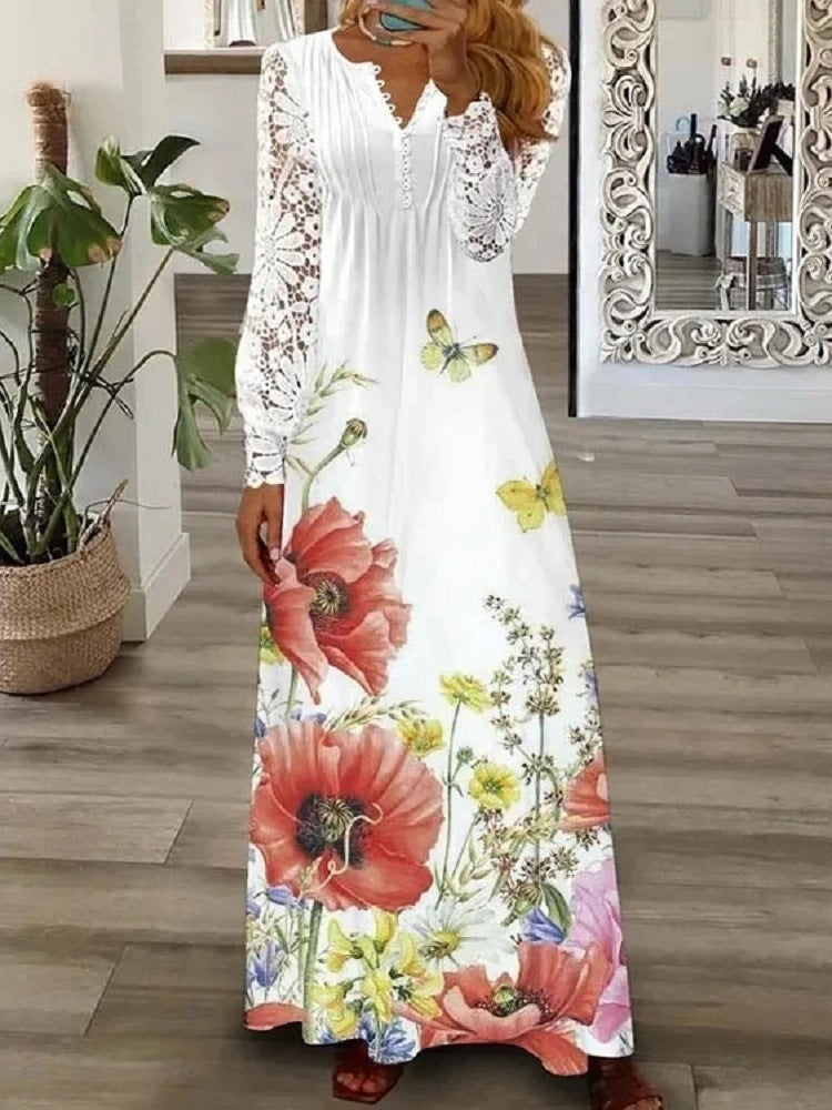 Rochie din bumbac imprimat cu bordură din dantelă