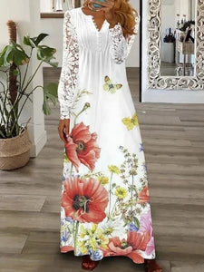 Rochie din bumbac imprimat cu bordură din dantelă