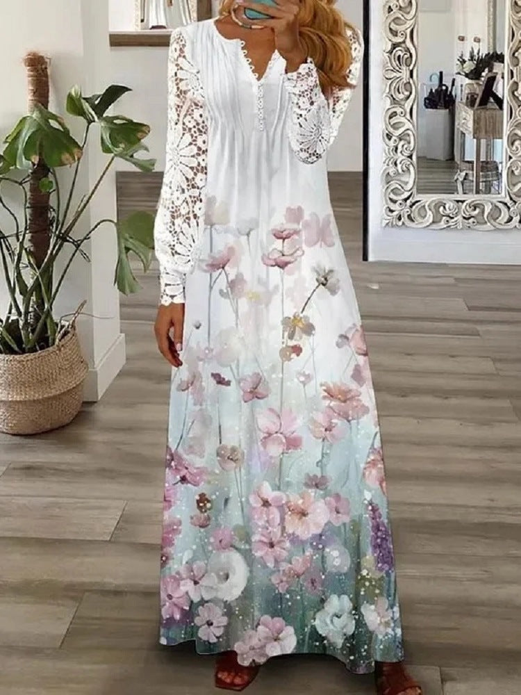 Rochie din bumbac imprimat cu bordură din dantelă